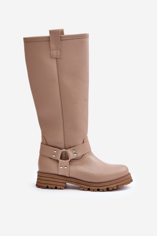Leather Knee High Women's Boots Beige Lewski 3615