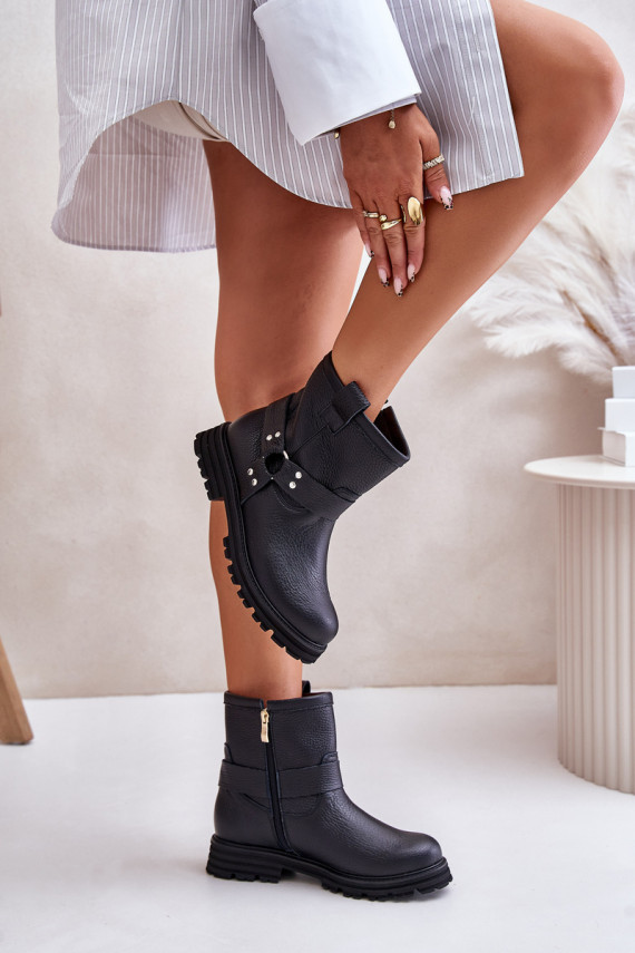 Leather Women Boots Flat Heel Black Lewski 3610