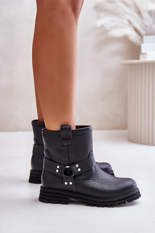Leather Women Boots Flat Heel Black Lewski 3610