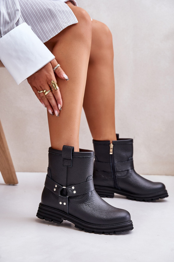 Leather Women Boots Flat Heel Black Lewski 3610