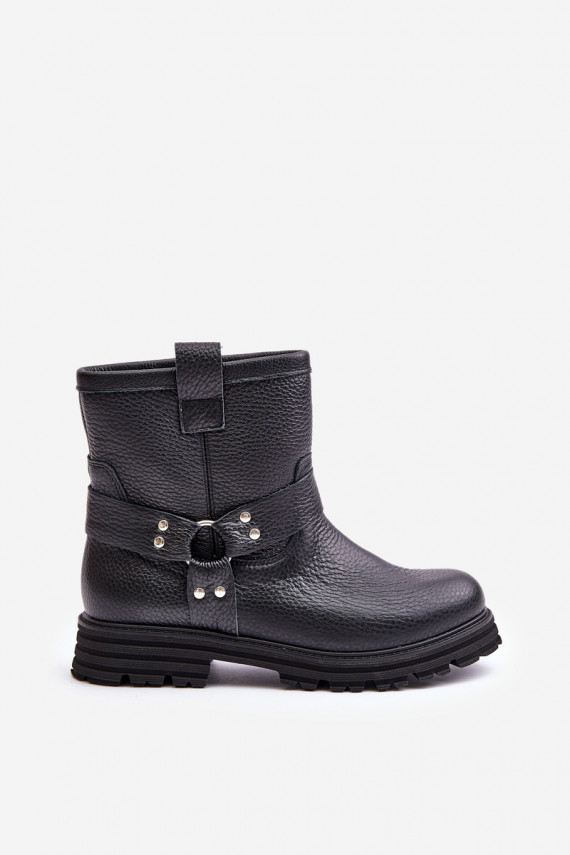 Leather Women Boots Flat Heel Black Lewski 3610