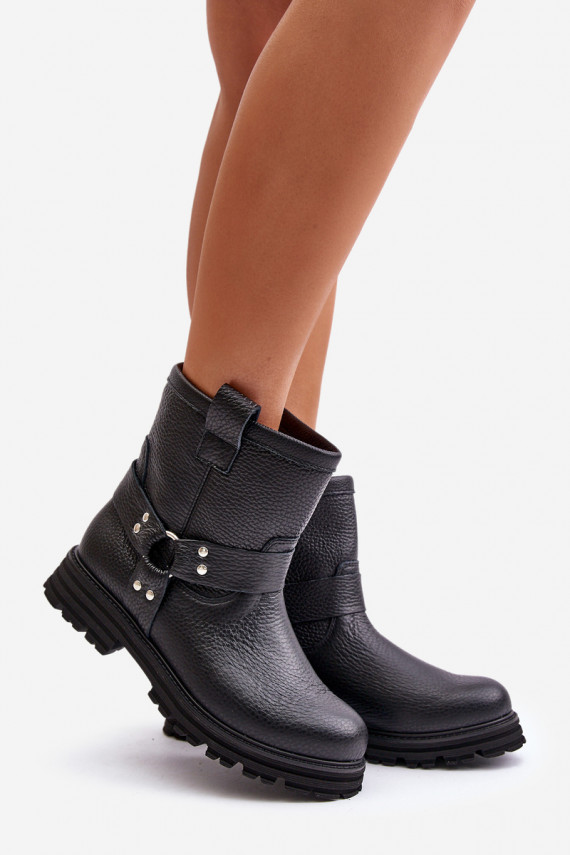 Leather Women Boots Flat Heel Black Lewski 3610