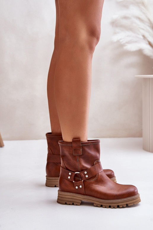 Leather Women's Ankle Boots Flat Heels Brown Lewski 3610