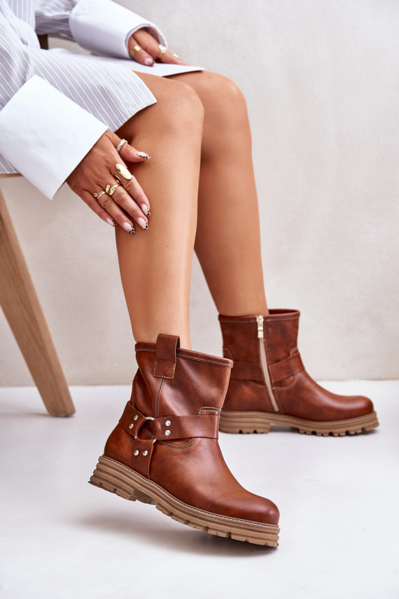 Leather Women's Ankle Boots Flat Heels Brown Lewski 3610
