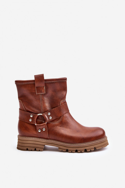 Leather Women's Ankle Boots Flat Heels Brown Lewski 3610
