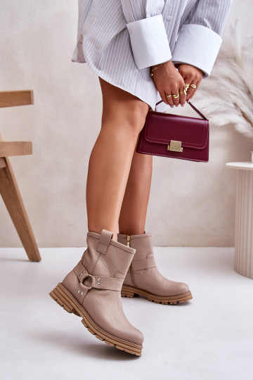 Women's Leather Ankle Boots Flat Heel Beige Lewski 3610 2