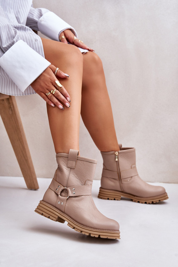Women's Leather Ankle Boots Flat Heel Beige Lewski 3610