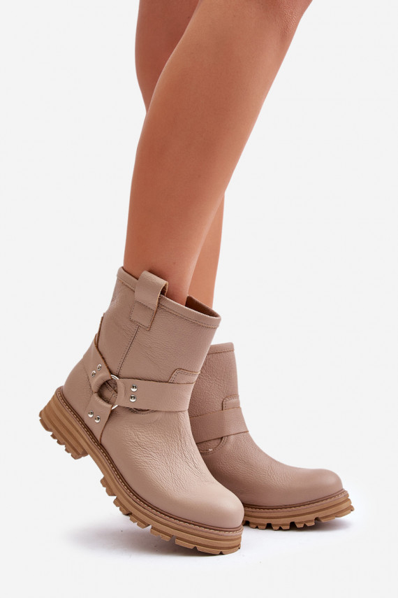 Women's Leather Ankle Boots Flat Heel Beige Lewski 3610