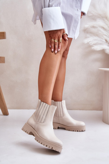 Women Slip-On Boots On Flat Heel Leather Light Beige Lewski 3611 2