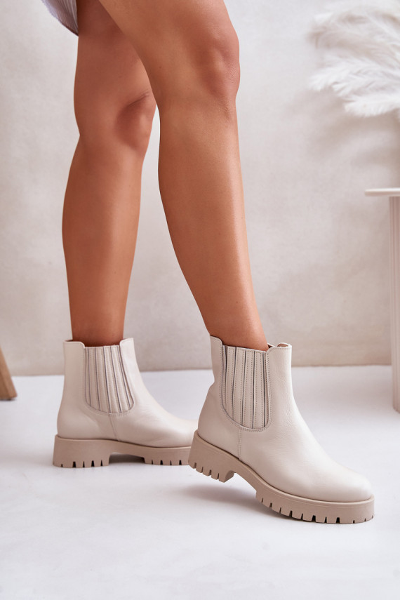 Women Slip-On Boots On Flat Heel Leather Light Beige Lewski 3611