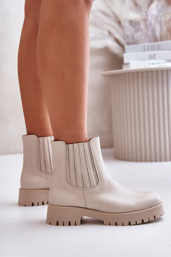 Women Slip-On Boots On Flat Heel Leather Light Beige Lewski 3611