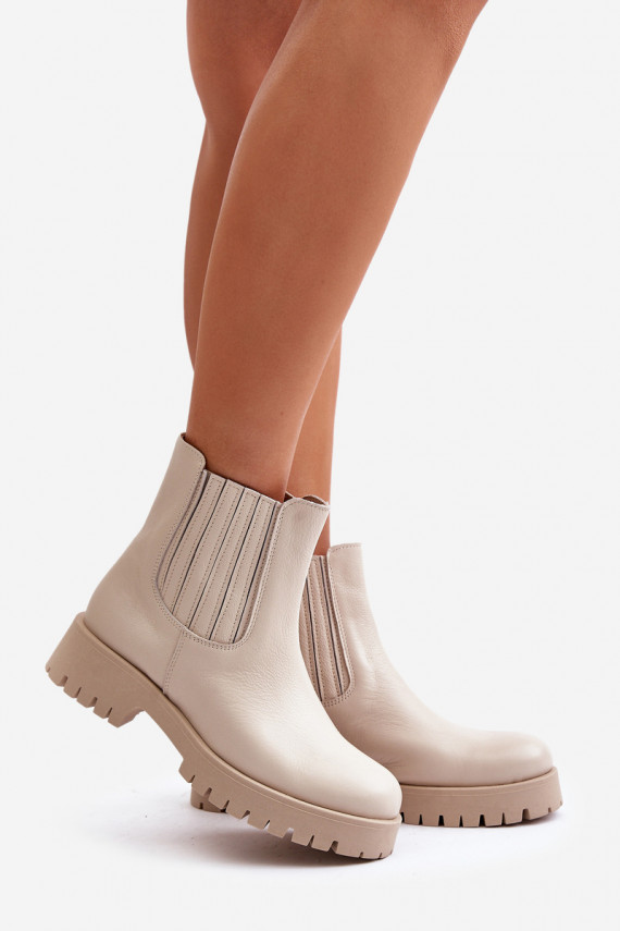 Women Slip-On Boots On Flat Heel Leather Light Beige Lewski 3611