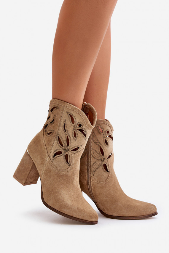 Suede Openwork Ankle Boots On Heel Beige Lewski 3629