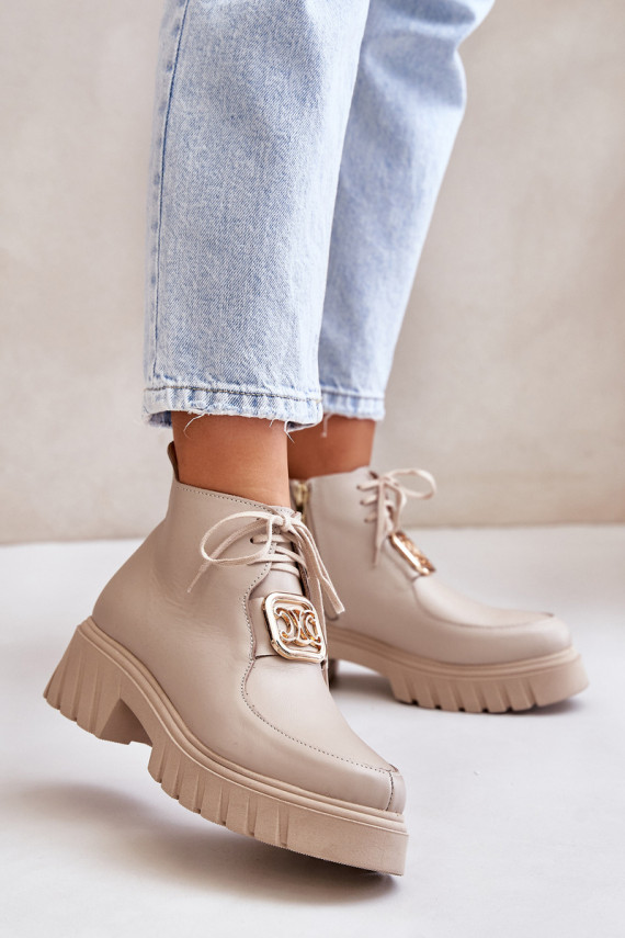 Zazoo 2952 Leather Ankle Boots With Golden Decoration Beige