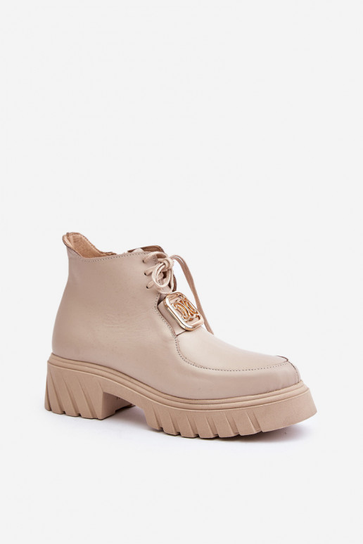 Zazoo 2952 Leather Ankle Boots With Golden Decoration Beige