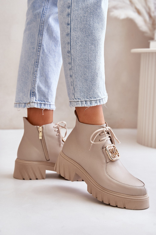 Zazoo 2952 Leather Ankle Boots With Golden Decoration Beige