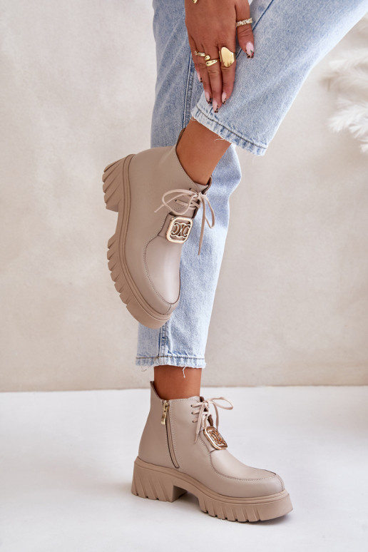 Zazoo 2952 Leather Ankle Boots With Golden Decoration Beige