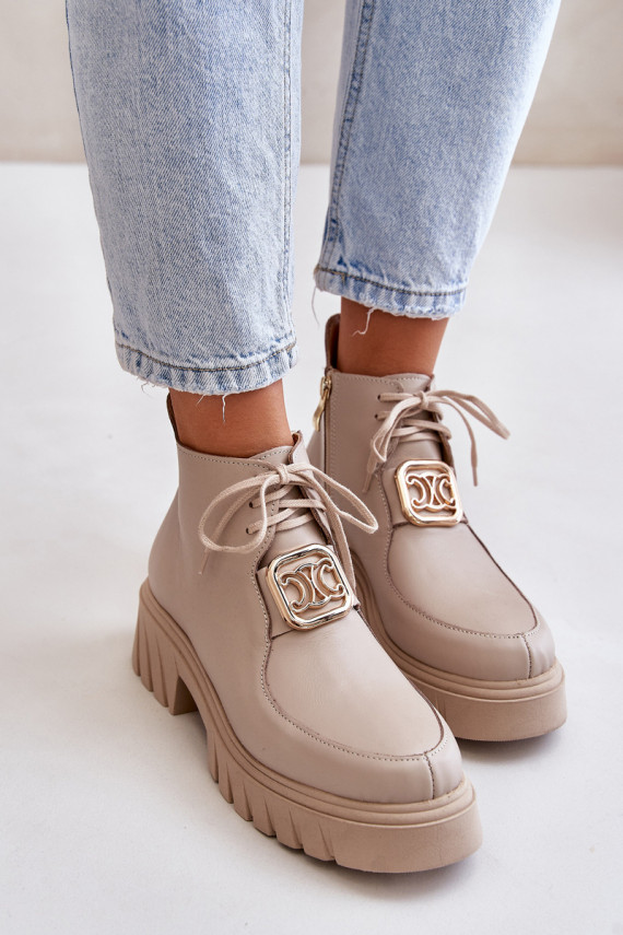 Zazoo 2952 Leather Ankle Boots With Golden Decoration Beige