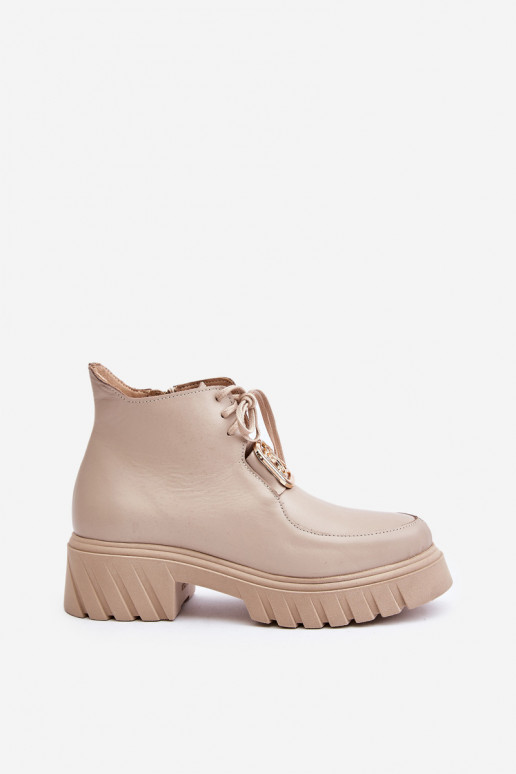 Zazoo 2952 Leather Ankle Boots With Golden Decoration Beige
