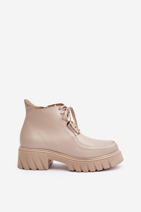 Zazoo 2952 Leather Ankle Boots With Golden Decoration Beige