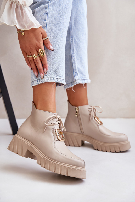 Zazoo 2952 Leather Ankle Boots With Golden Decoration Beige