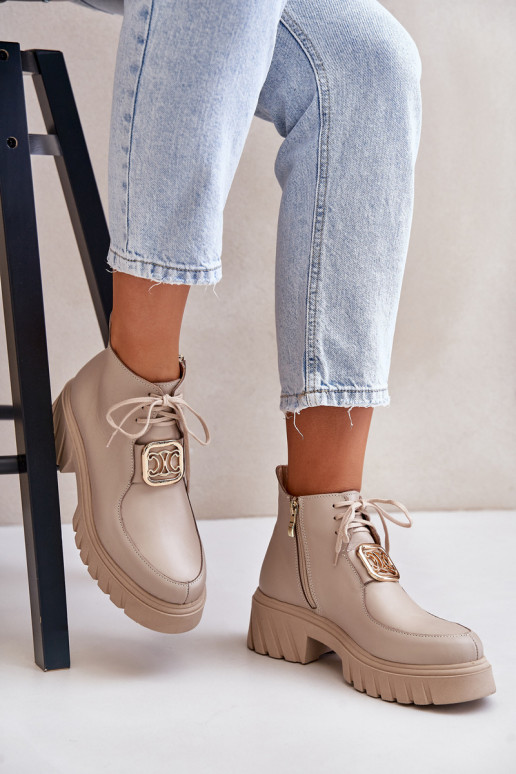 Zazoo 2952 Leather Ankle Boots With Golden Decoration Beige