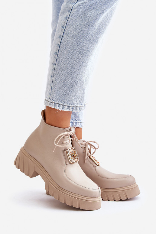 Zazoo 2952 Leather Ankle Boots With Golden Decoration Beige