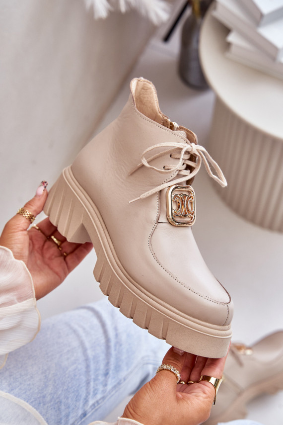 Zazoo 2952 Leather Ankle Boots With Golden Decoration Beige