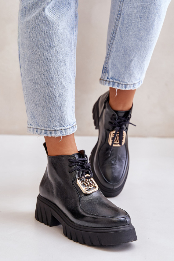 Zazoo 2952 Leather Ankle Boots With Golden Decoration Black