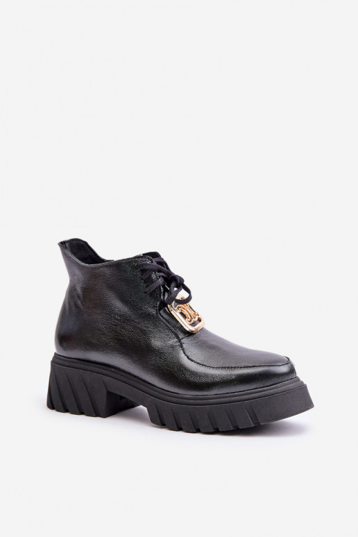 Zazoo 2952 Leather Ankle Boots With Golden Decoration Black