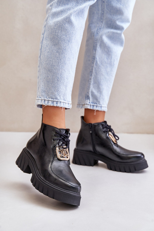 Zazoo 2952 Leather Ankle Boots With Golden Decoration Black