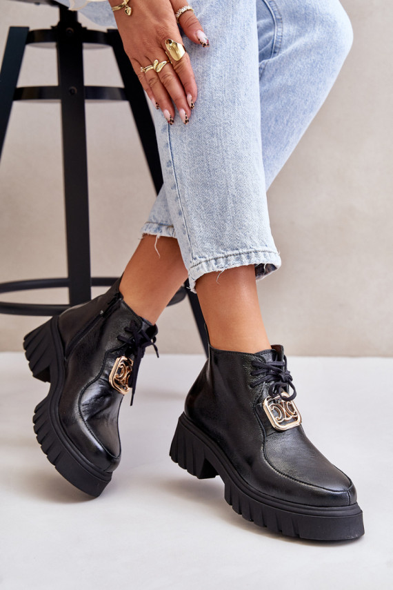 Zazoo 2952 Leather Ankle Boots With Golden Decoration Black