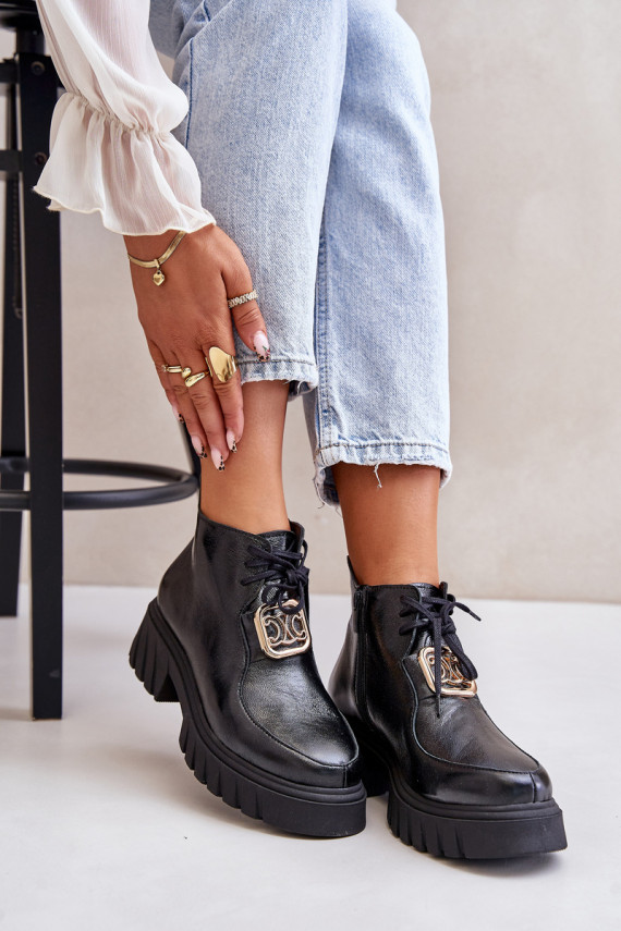 Zazoo 2952 Leather Ankle Boots With Golden Decoration Black