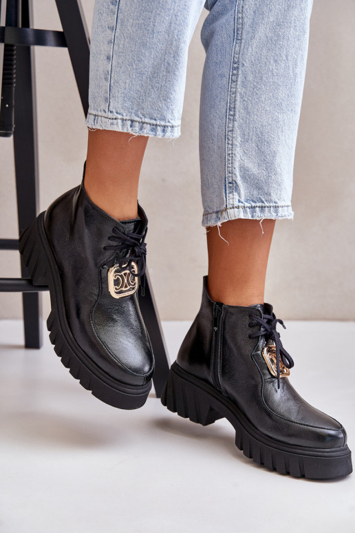 Zazoo 2952 Leather Ankle Boots With Golden Decoration Black