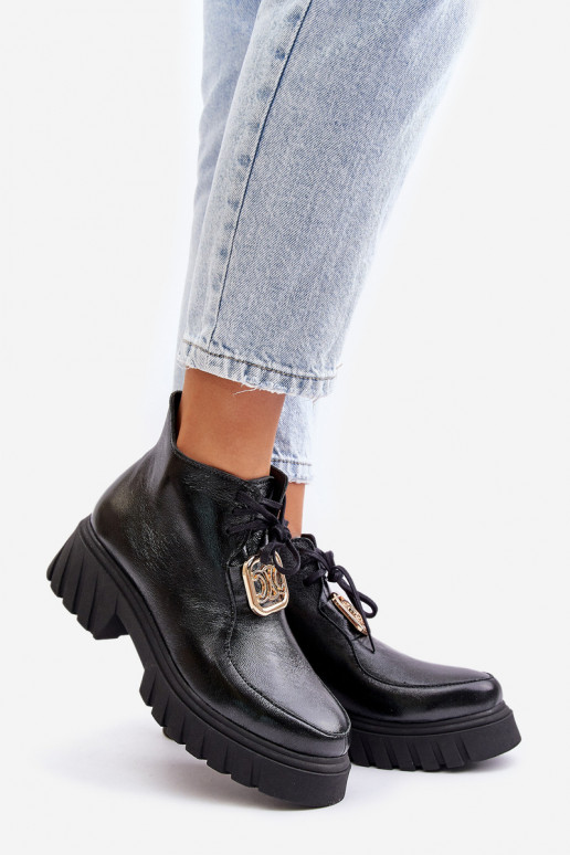 Zazoo 2952 Leather Ankle Boots With Golden Decoration Black