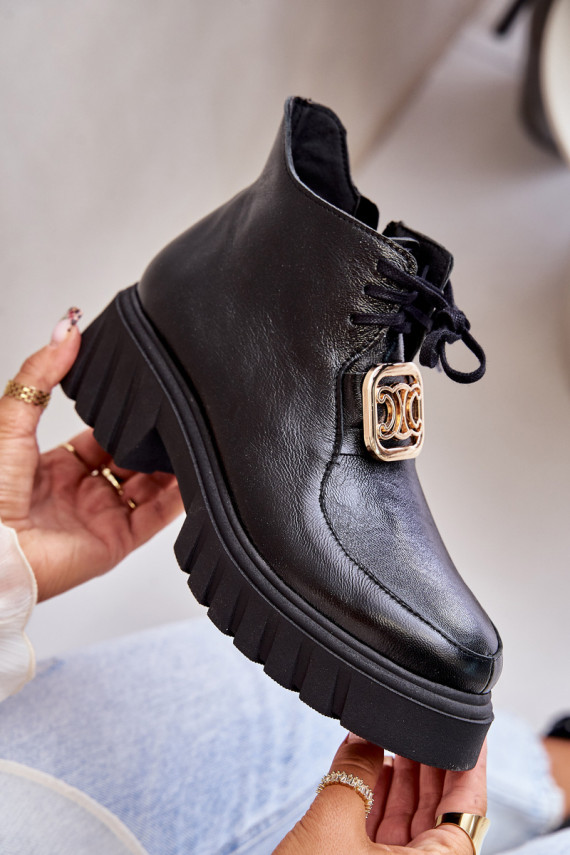 Zazoo 2952 Leather Ankle Boots With Golden Decoration Black