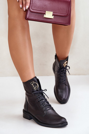 Zazoo 2955 Leather Worker Boots With Gold Detail On The Tongue Black 2