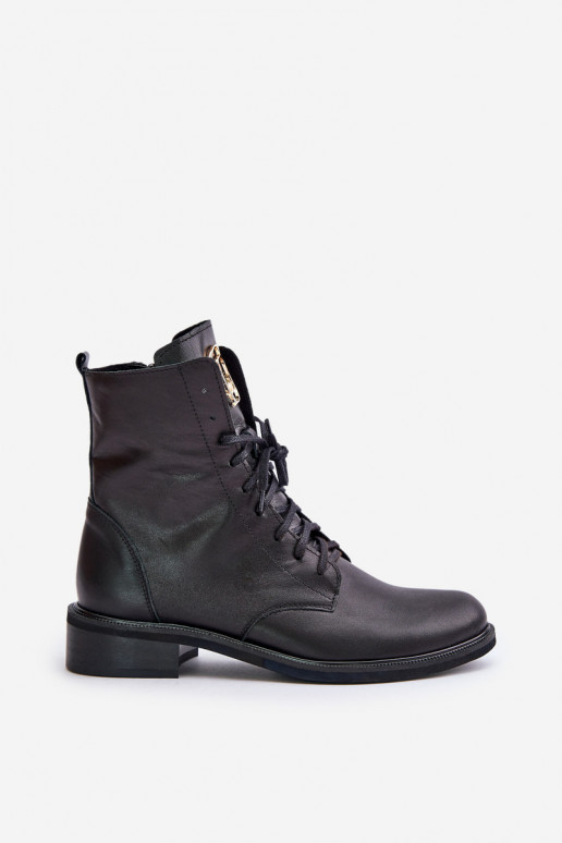 Zazoo 2955 Leather Worker Boots With Gold Detail On The Tongue Black