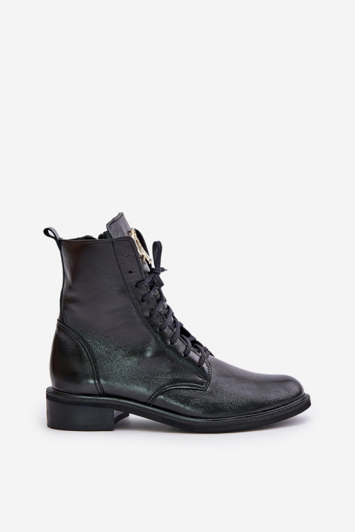 Zazoo 2955 Lacquered Ankle Boots Workers With Golden Detail On The Tongue Black