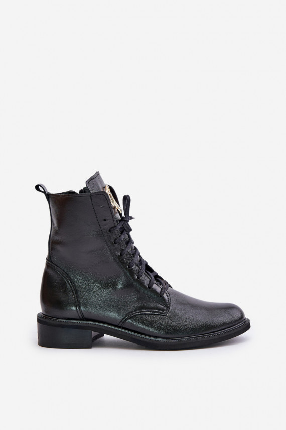 Zazoo 2955 Lacquered Ankle Boots Workers With Golden Detail On The Tongue Black