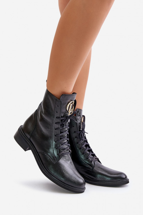 Zazoo 2955 Lacquered Ankle Boots Workers With Golden Detail On The Tongue Black