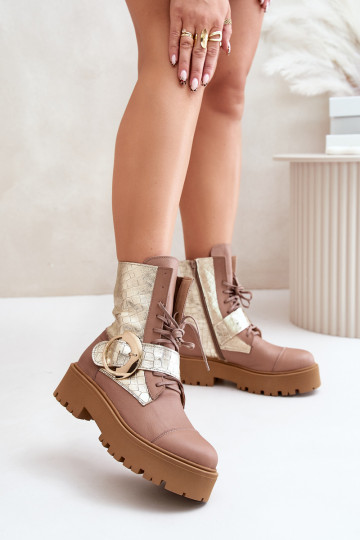Zazoo 2942 Leather Worker Boots With Gold Buckle Beige 2