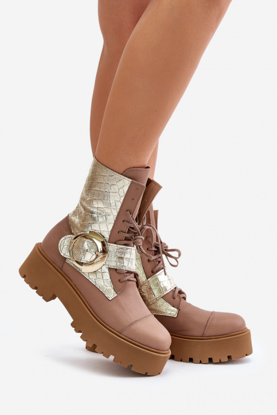 Zazoo 2942 Leather Worker Boots With Gold Buckle Beige
