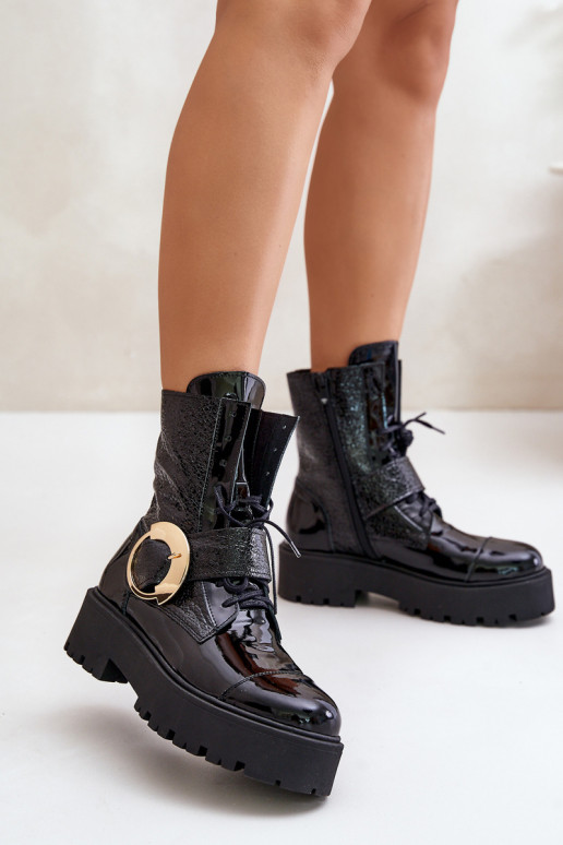 Zazoo 2942 Leather Worker Boots With Gold Buckle Black