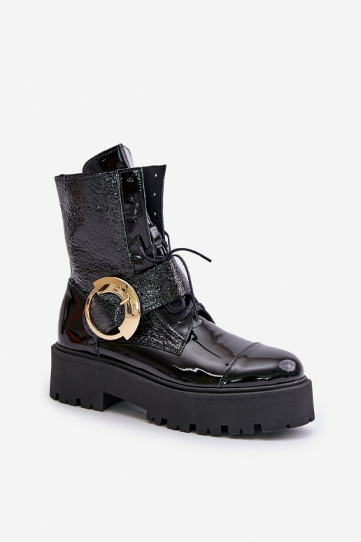 Zazoo 2942 Leather Worker Boots With Gold Buckle Black