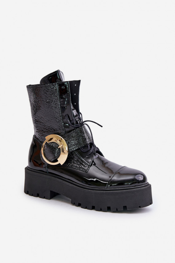 Zazoo 2942 Leather Worker Boots With Gold Buckle Black