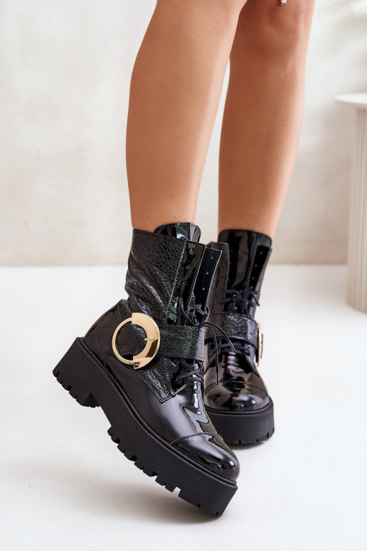 Zazoo 2942 Leather Worker Boots With Gold Buckle Black