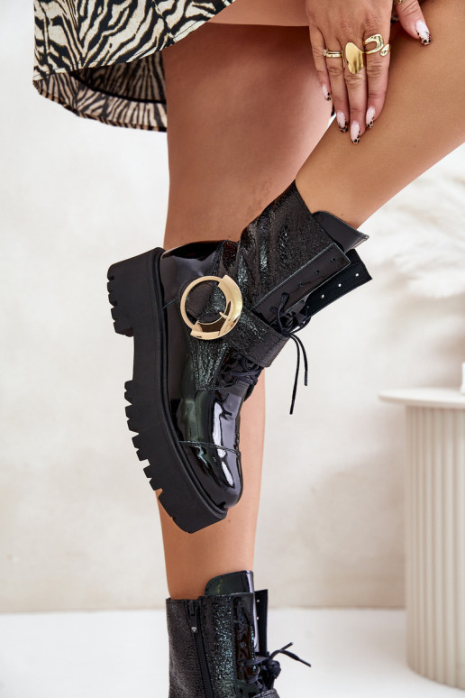 Zazoo 2942 Leather Worker Boots With Gold Buckle Black
