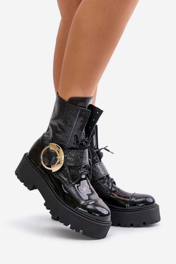 Zazoo 2942 Leather Worker Boots With Gold Buckle Black