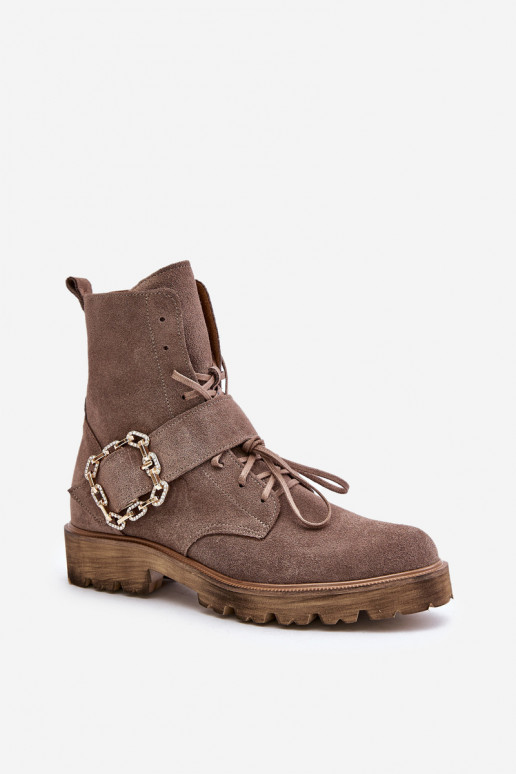 Zazoo 2951 Suede Ankle Boots With Decorative Buckle Dark Beige